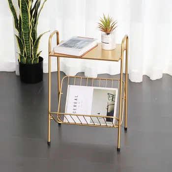 

Modern Coffee End Side Table Golden For Home Living Room Sofa Side Tea Desk Iron Two Layers Bedside Magazine Storage Shelf