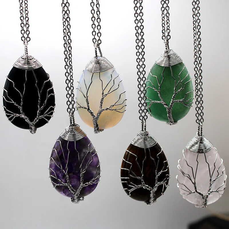 

Fashion Creative Tree Of Life Chakra Handmade Silver Wrapped Natural Stone Waterdrop Shaped Pendant Necklace Jewelry Accessories