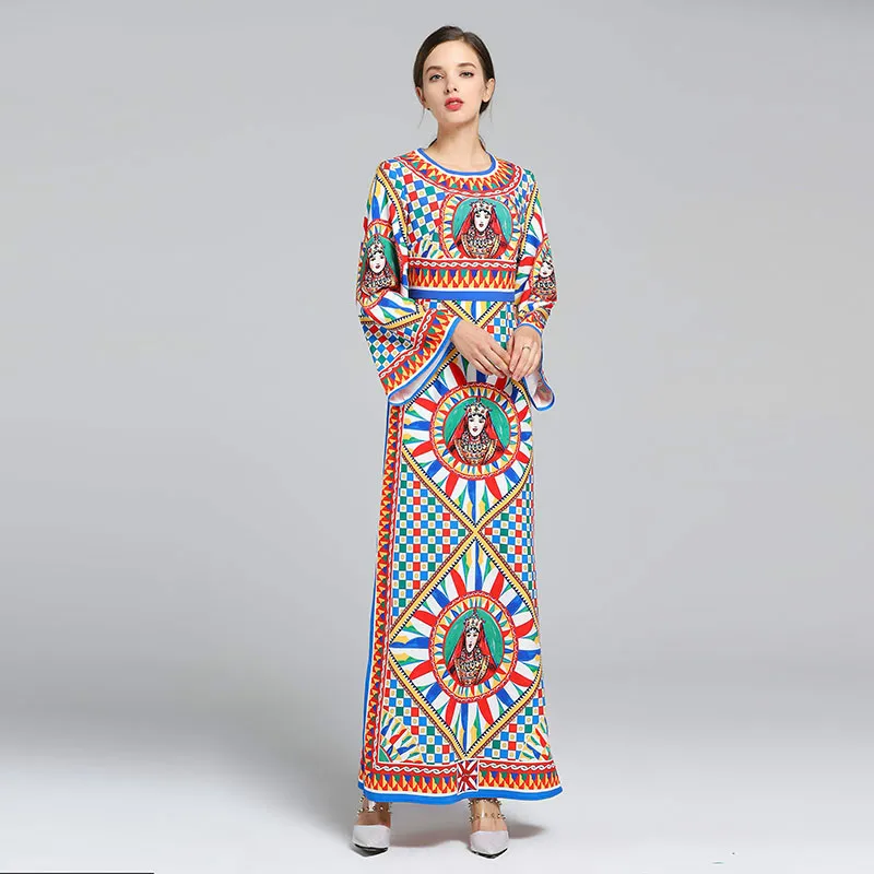 

2022 Runway Designer O-Neck Full And Flare Sleeve Figure Print Elegant Casual beach dress Long Dress Women vestido