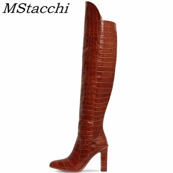 

MStacchi High Heel Over-the-knee Women Boots Crocodile Print Leather Pointed Toe Boots Fashion Zipper Chunky Heel Women Boots