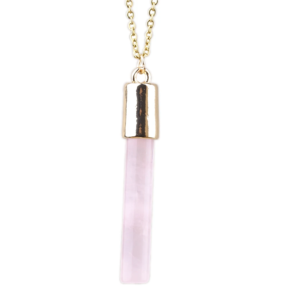 

Rose Quartz Powder Pink Crystal Pendant Stainless Steel Chain Necklace