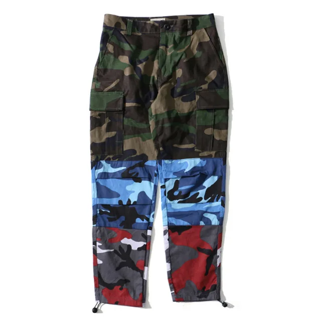 CARWORNIC Camo три цвета пэчворк хип-хоп брюки мужчины мульти-карманные широкие в стиле милитари свободные брюки камуфляж Уличная Повседневная Брюки - Цвет: Green Blue Red