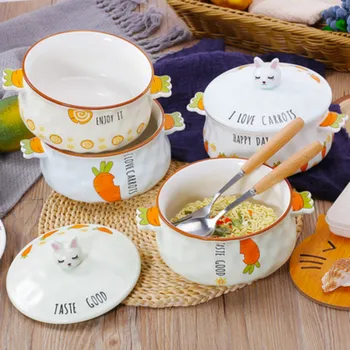 

Cute Ceramic Bowl with Lid Fork Spoon Ramen Bowl Rice Salad Snack Bowl Cartoon Pig Rabbit Bowl Household Commercial Tableware