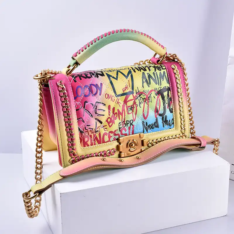 rainbow color sandals and purse