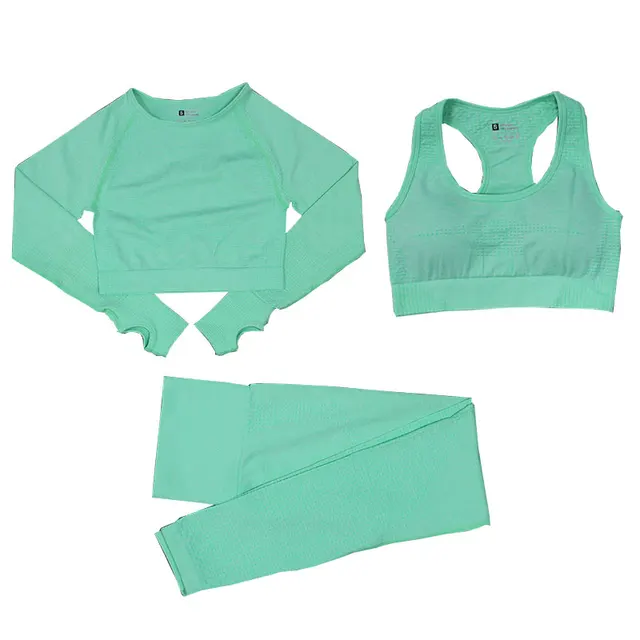 2/3/5PCS Women Sportswear Yoga Set Gym Clothing Tracksuit Long Sleeve Crop Top High Waist Seamless Leggings Fitness Sports Suits 3pcs green