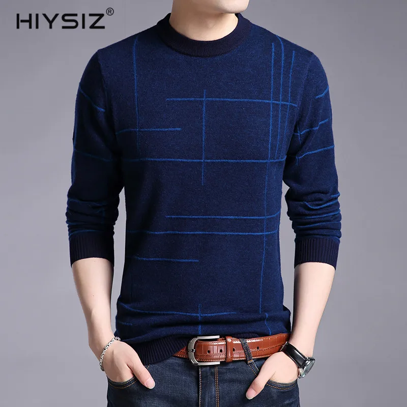 HIYSIZ свитер мужской модный тренд полосатый Повседневный с круглым вырезом с длинными рукавами осенне-зимняя уличная мода шерстяной вязаный пуловер SW065 - Цвет: Синий