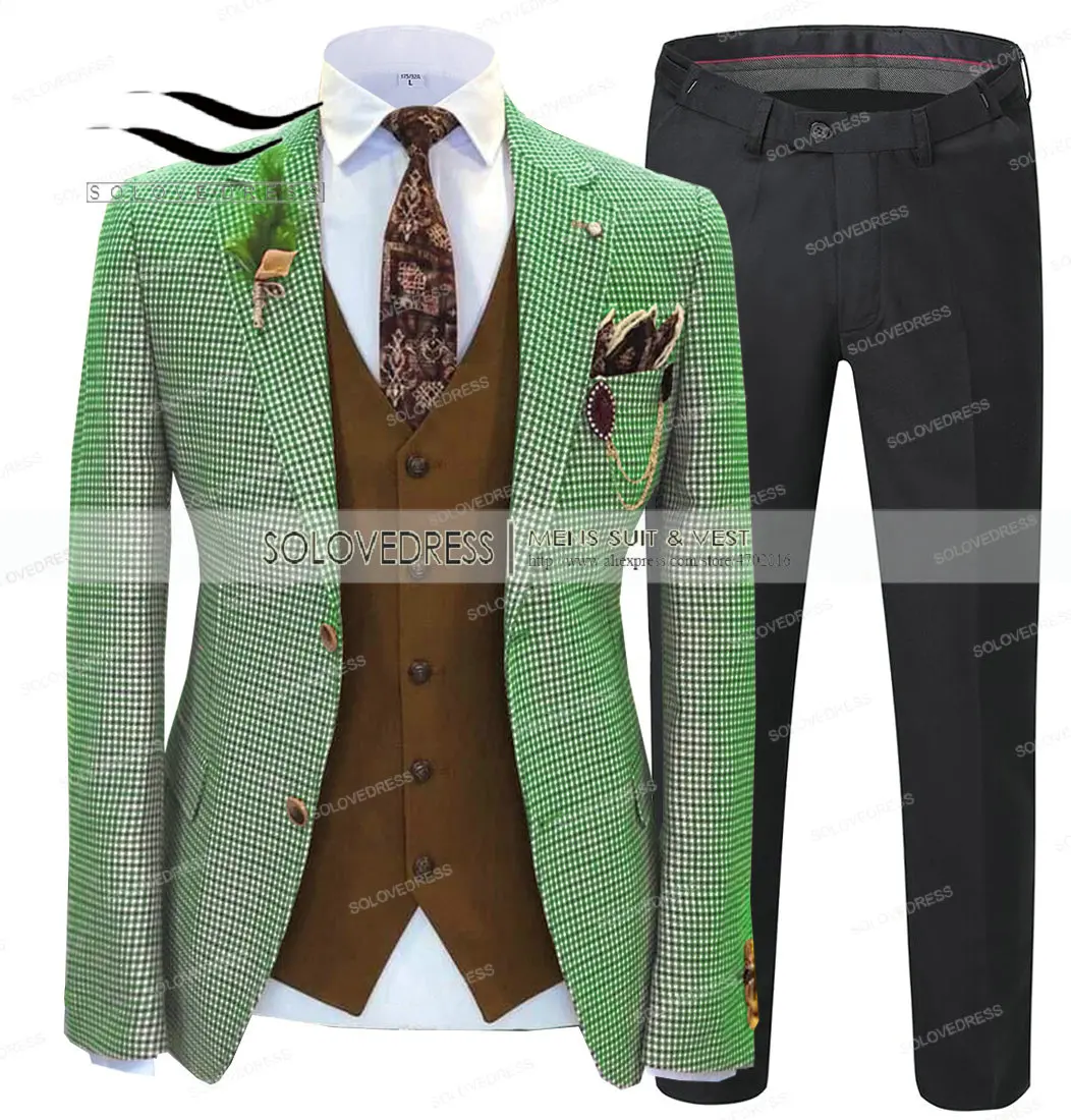 Green Мужской костюм коричневый формальный 2 шт. Slim Fit шаль лацкане плед Мягкая шерсть твид выпускного вечера серый смокинги свадебные Женихи для мужчин(Блейзер+ брюки - Цвет: Green