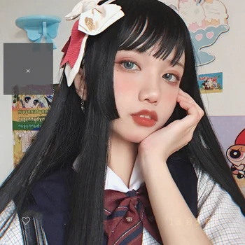 

TALANG Lolita Anime Cosplay Party Wig 60CM Long Straight Black With Bangs Synthetic Cute Heat Resistant+\