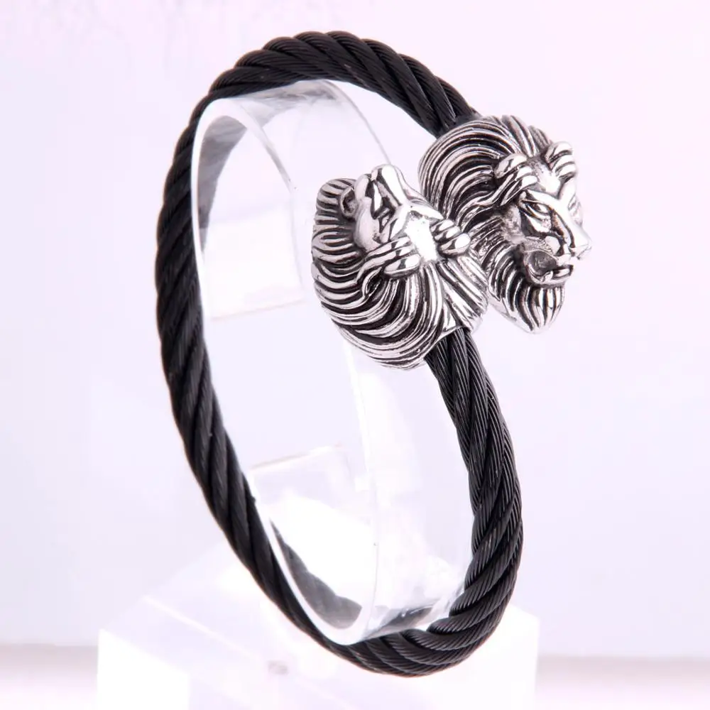 Unique Elastic Adjustable Gold Tone Lion Head Cuff Bangle in Black Stainless Steel Twisted Cable Bracelet for Men Jewelry