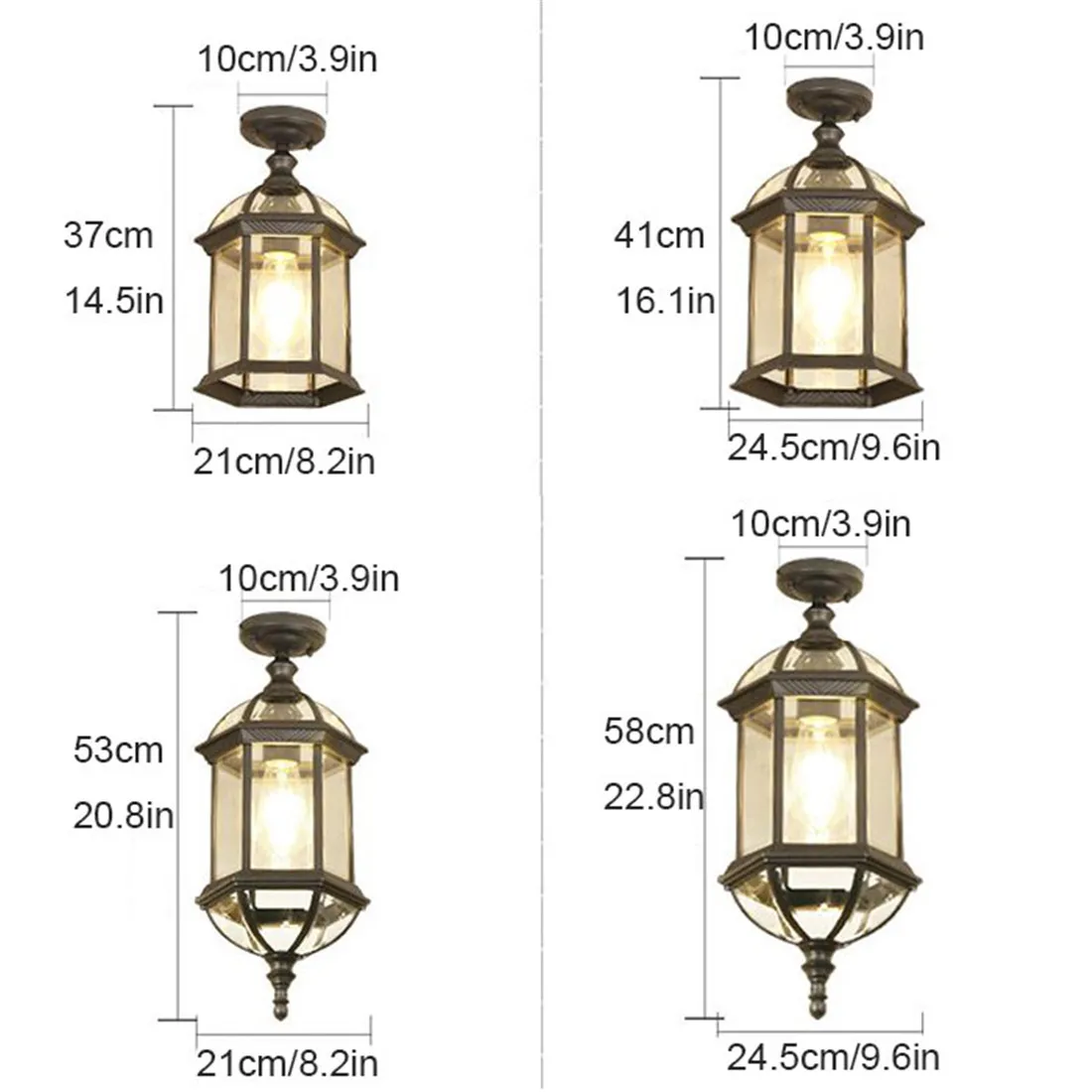 Black Rustic 10W E27 Outdoor Hanging Lantern Light with Clear Beveled Glass Semi Flush Mount Light Fixture for Porch,Entry
