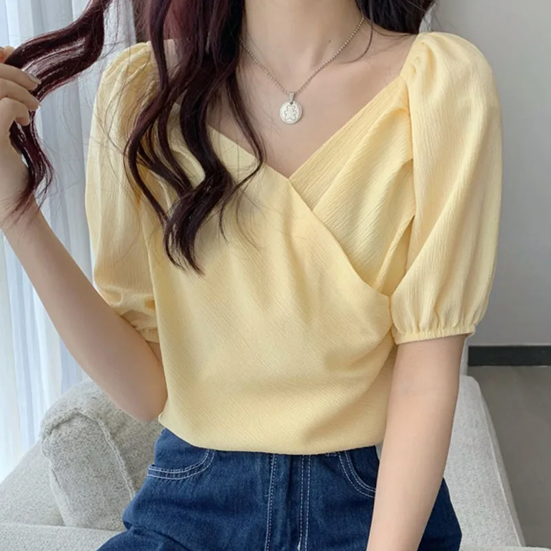

Summer French Elegant Fashion 2021 V-neck Bubble Sleeve Short-sleeved Shirt Tops Ladies Chiffon Solid Blusas Feamle Simple 1037