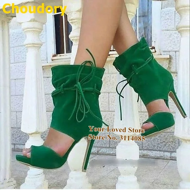 

Top Quality Green Black Suede Ankle Boots Open Toe Cut-out Lace-up Short Booties Stiletto Heels Motorcycle Boots Size47 Dropship