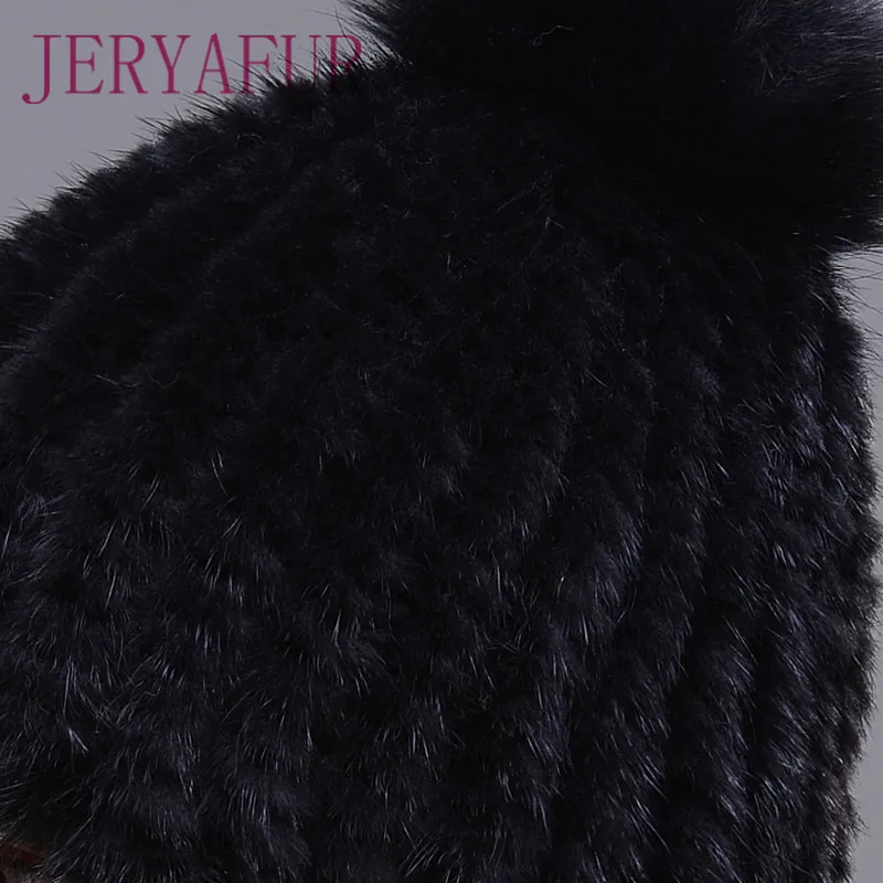 JINBAOSEN naturliche Rex Nerz Kappe Dame Winter Dicke Warme Mode Stricken Fell Hut Pom Poms Hut mit 3 Fuchs Haar byalle