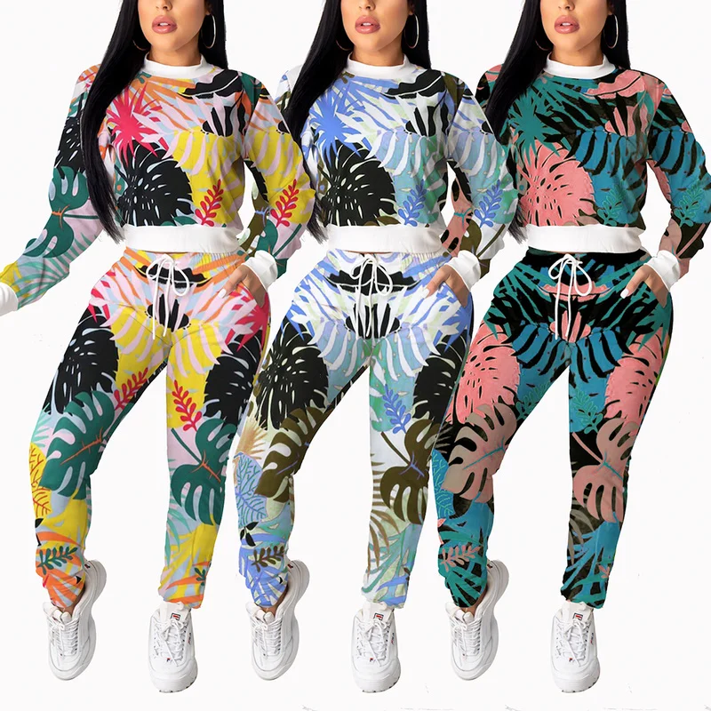 

Ladies Bodycon Print Pants and Crop Top Two Piece Set