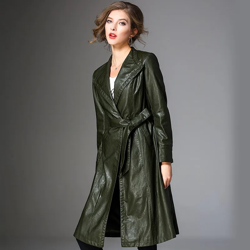 Army green Foxmertor Brand Fashion Women Pu Leathers Trench Coat Female Overcoat Autumn Long Sleeve Belt Long Coat Ladies Windbreaker Black - Цвет: Army green