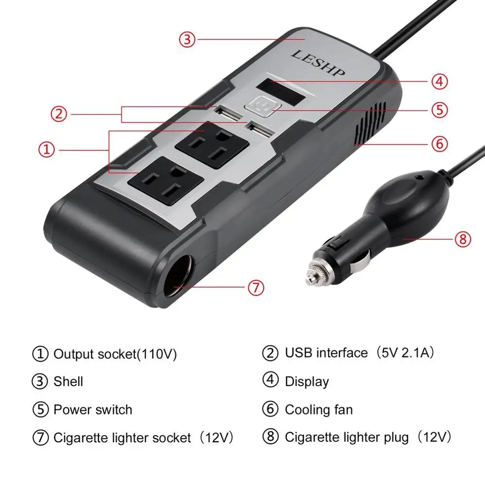LESHP 150 Вт автомобильный инвертор с двумя выходами США 4.2A двумя портами usb для зарядки автомобильного прикуривателя, кабель DC12V для DVD