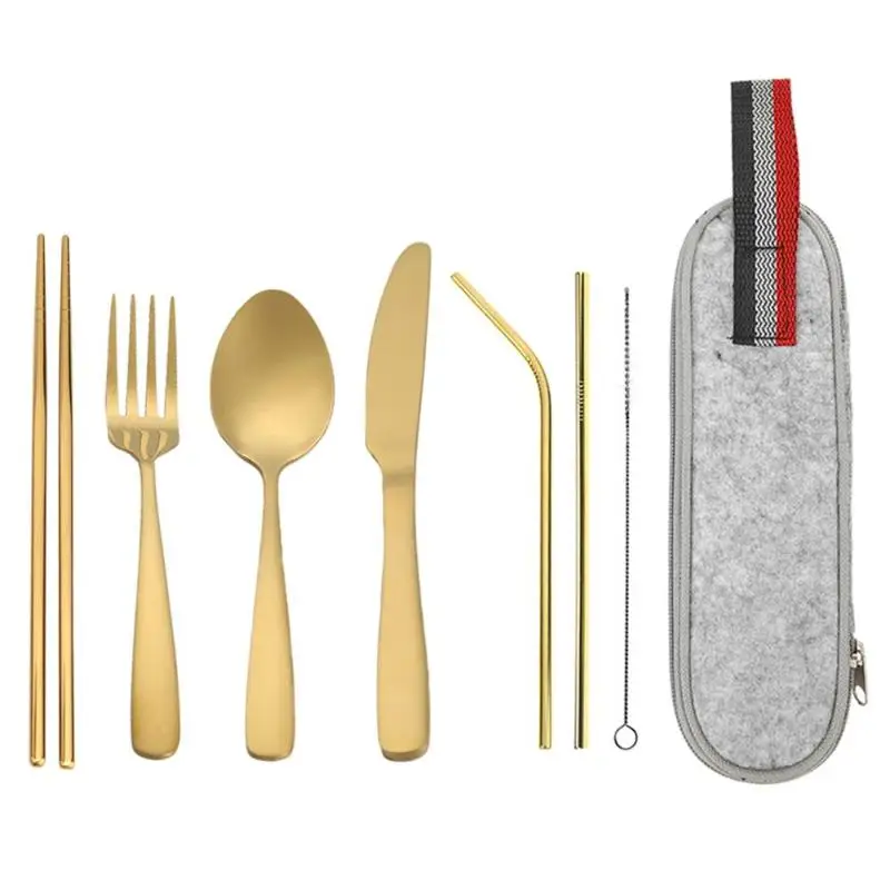 9pcs Stainless Steel Fork Spoon Chopsticks Travel Ourdoor Camping Cutlery Tools portable Stainless Steel Tableware 4 Colors - Color: Gold