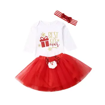 

3PCS Baby Girl Xmas Clothes Tops Romper Tutu Skirt Outfit Christmas Kids Girl Long Sleeve Clothing