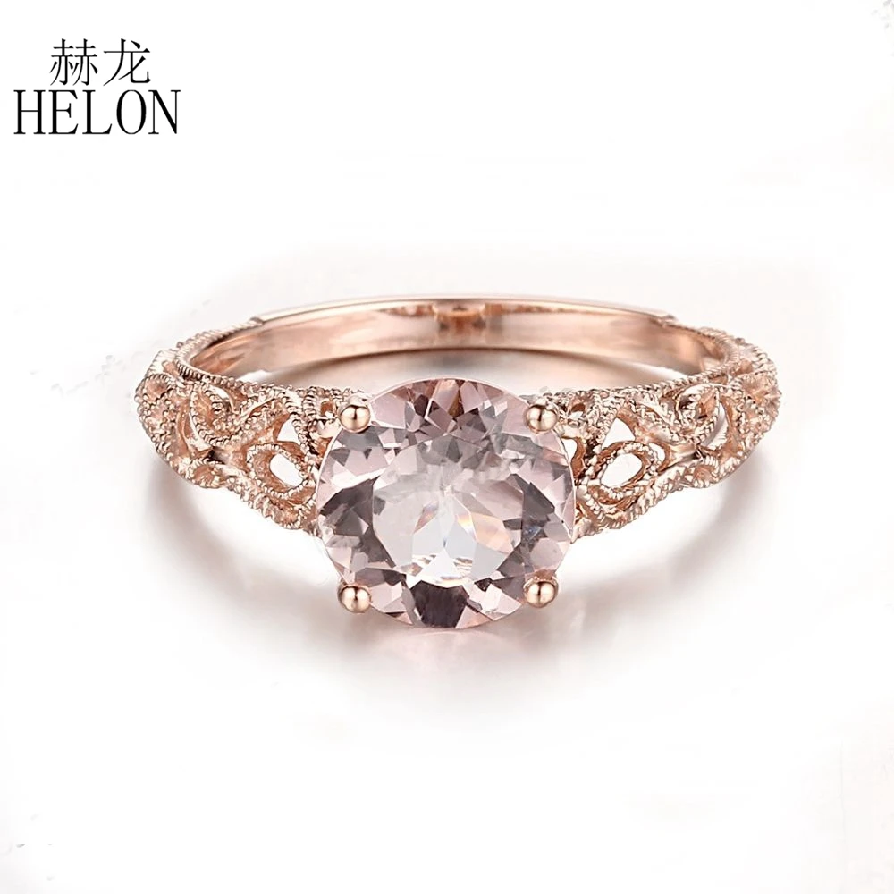 HELON Solid 14K розовое золото безупречный круглый 8 мм натуральный морганит винтажный античный обручальное свадебное женское украшение, кольцо с драгоценными камнями