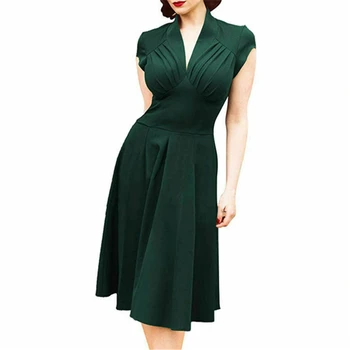 

Green Vintage Elegant Summer Ladies Dresses Sexy V Neck Plus Size Party Office Lady Dress Slim Solid Short Sleeve Midi Dresses