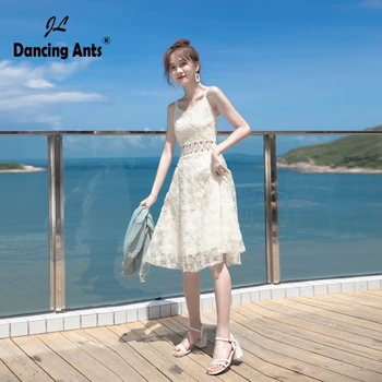 

Women A-line Chiffon Dress Embroideery Hollow Out Elegant Halter Dress 2020 Summer Office Lady Sleeveless V-neck Female Vestidos