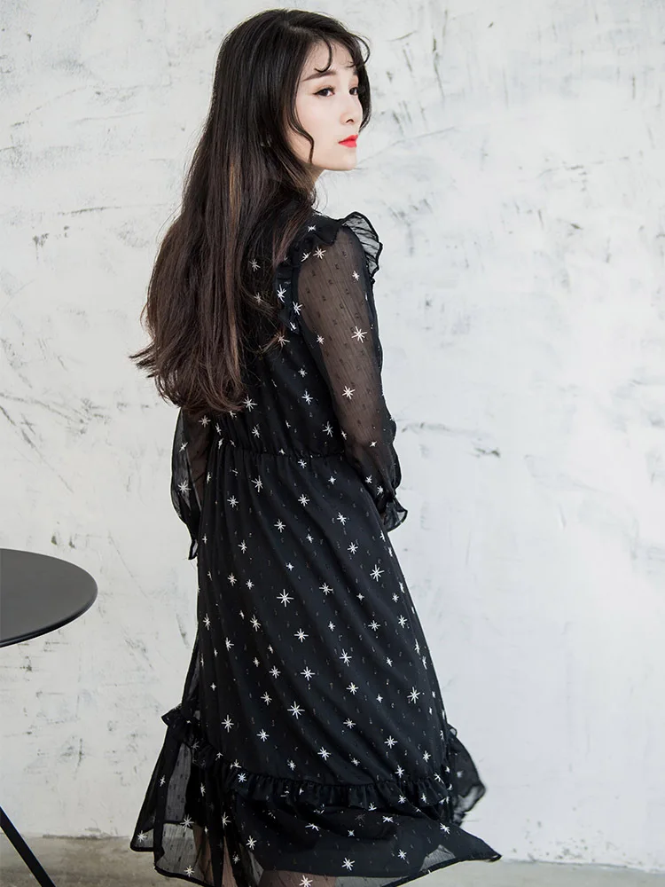 Hong ga шифоновое платье женская осенняя и зимняя одежда стиль черно-белое с рисунком звезды платье с длинным рукавом