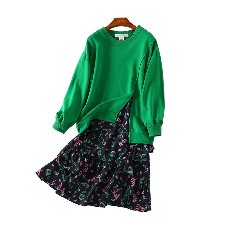 

One's 2019 Versitile Fashion Floral-Print Joint Base Two-Piece Head Hoodie Dress Entity