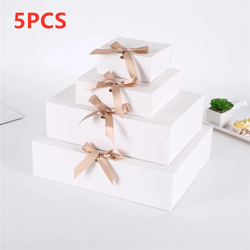 

5pcs Kraft Gift Box Event Party Supplies Packaging Wedding Birthday Handmade Candy Chocolate Gift Storage Boxes With Ribbons