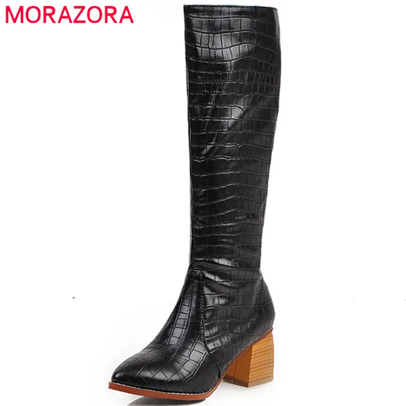 MORAZORA/; женские сапоги до колена; сезон осень-зима; сапоги с острым носком из змеиной кожи; модельные вечерние женские туфли на высоком каблуке на молнии; большие размеры 47