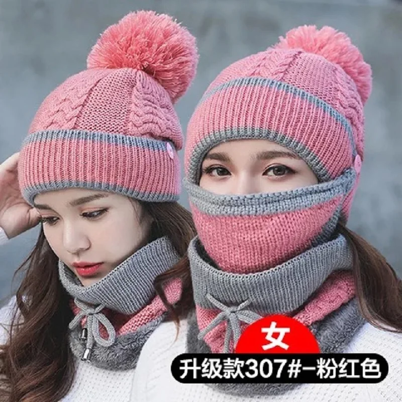 Осень и зима теплая шерстяная вязаная шапка плюс бархат утолщение Велоспорт зимне наушники шапка шарф маска три части женский