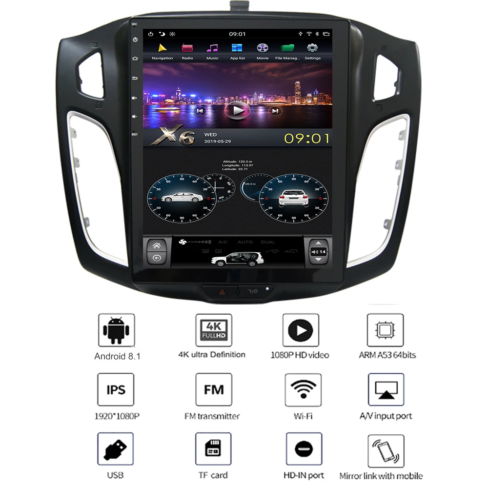 YAZH для Ford Focus 2012- Авто радио мультимедиа с ОС Android 8,1 10," ips Tesla стиль дисплей Bluetooth 5,0 DSP SWC