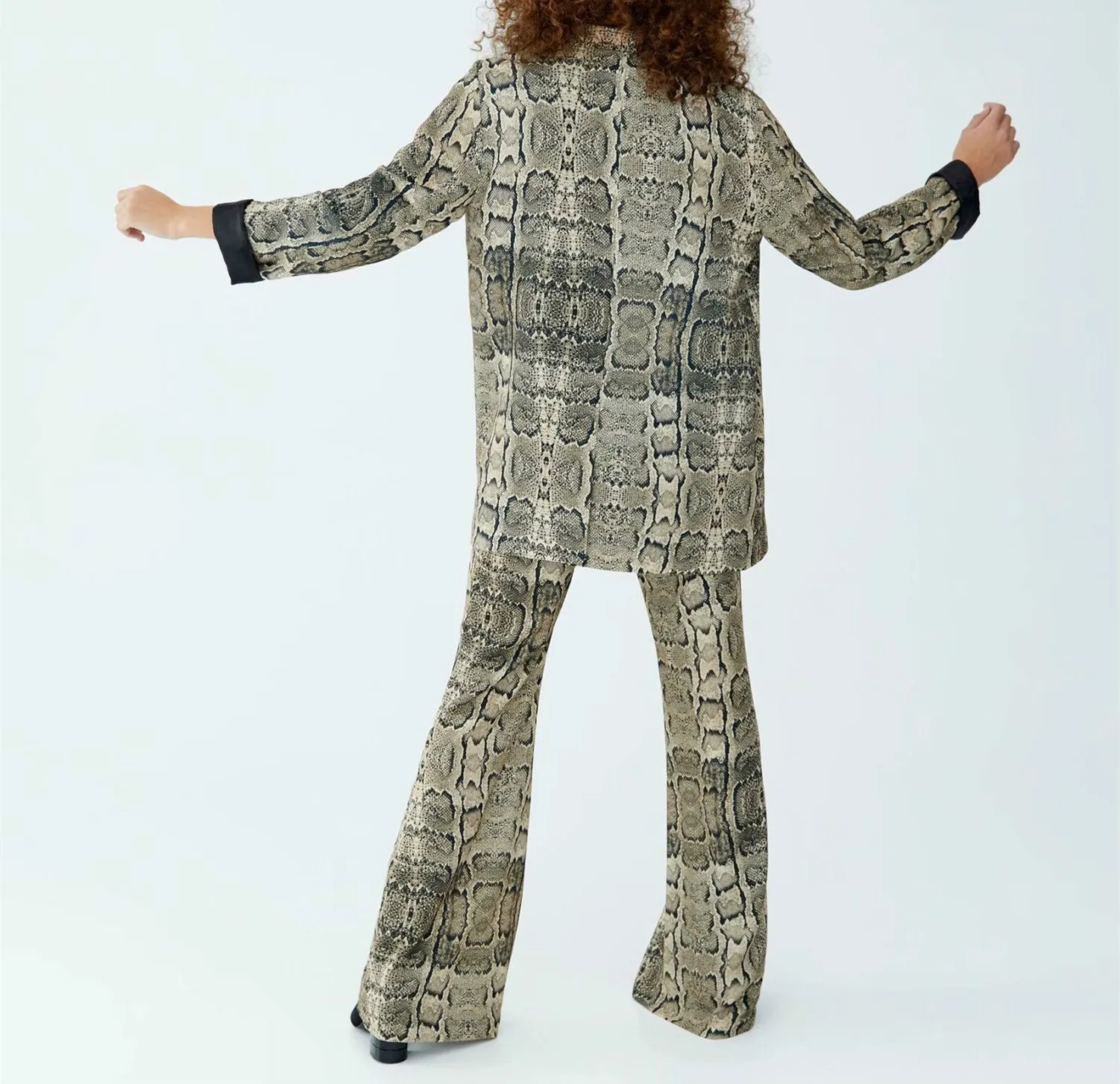 Spring Vintage women Stylish Snake Print casual Blazers Coat And Snake Print Flare Pants Suits Two piece sets