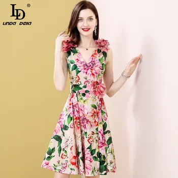

LD LINDA DELLA Summer Fashion Runway Dress Cotton Women V Neck 3D Appliques Floral Print Vintage Ladies Elegant Midi Dresses