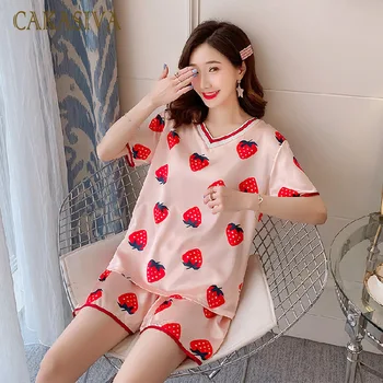 

Simple Sleepwear Pyjamas Women's Pajamas Silk Short Sleeve Ladies Pijama Sets Homewear Cute Cartoon Lounge Wear T-shits