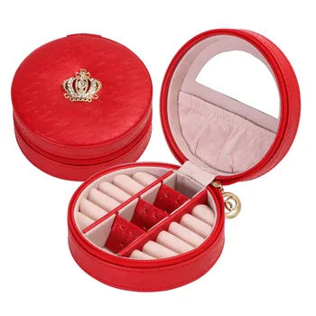 

Girl's Round Jewelry Holder Travel Jewelry Rings Earrings Display Storage Case Box Organizer Portable Zipper Leather Storages