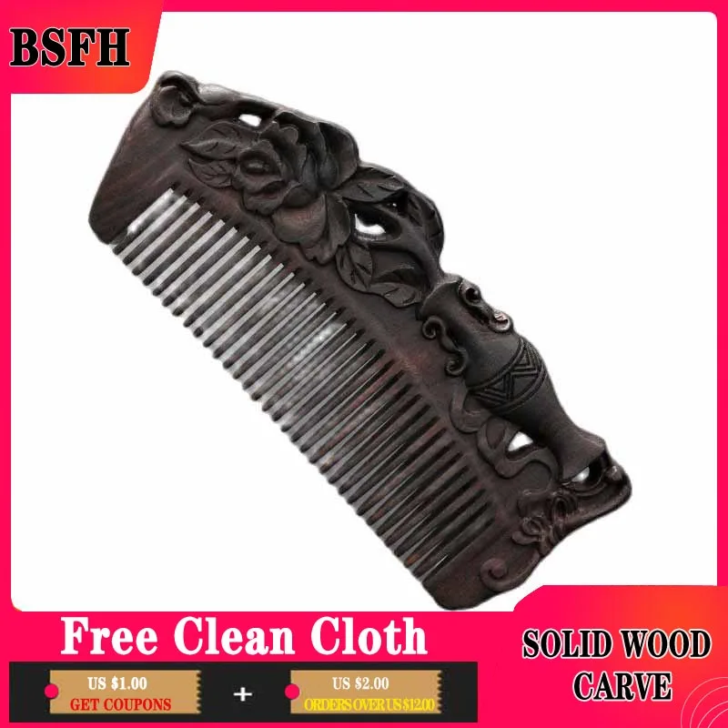 Ebony Comb Handle Double sided Carved Fine tooth Whole Wood Combs