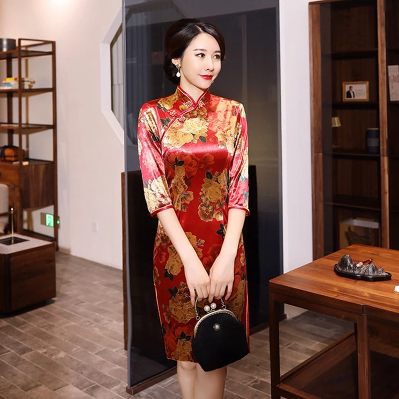 XL элегантный Улучшенный модный короткий рукав cheongsam с золотым бархатным принтом cheongsam женская Ретро короткая юбка