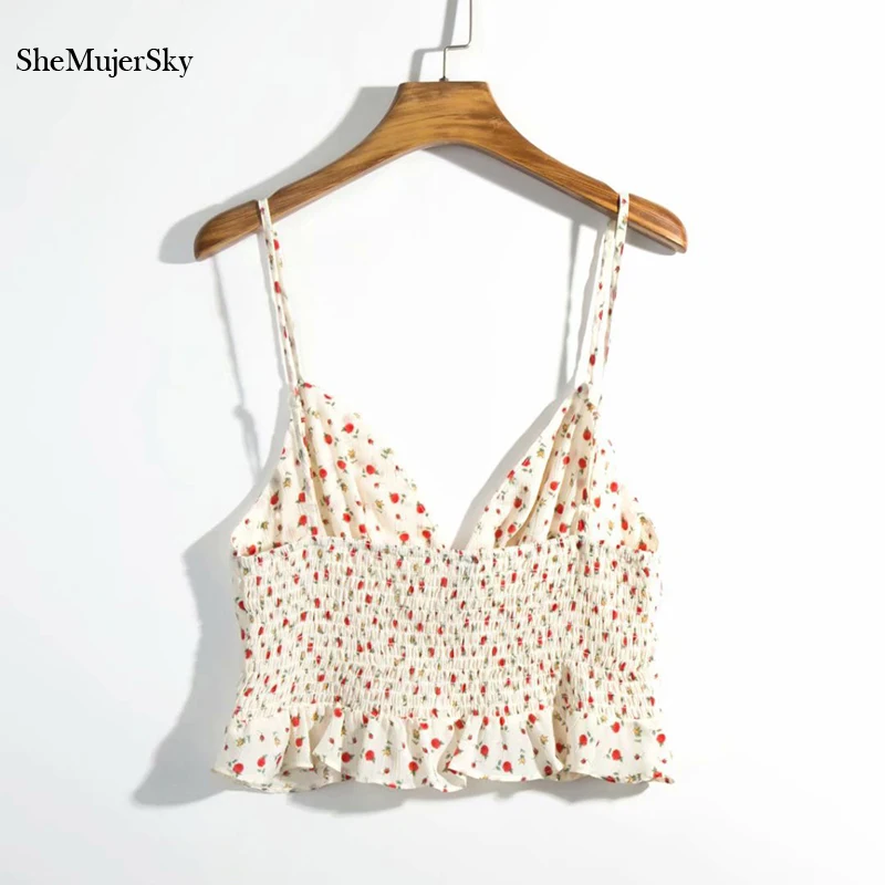 SheMujerSky/летний топ с цветочным принтом, укороченный топ с оборками на подоле, женские топы на бретельках с открытой спиной, топы, camiseta tirantes mujer