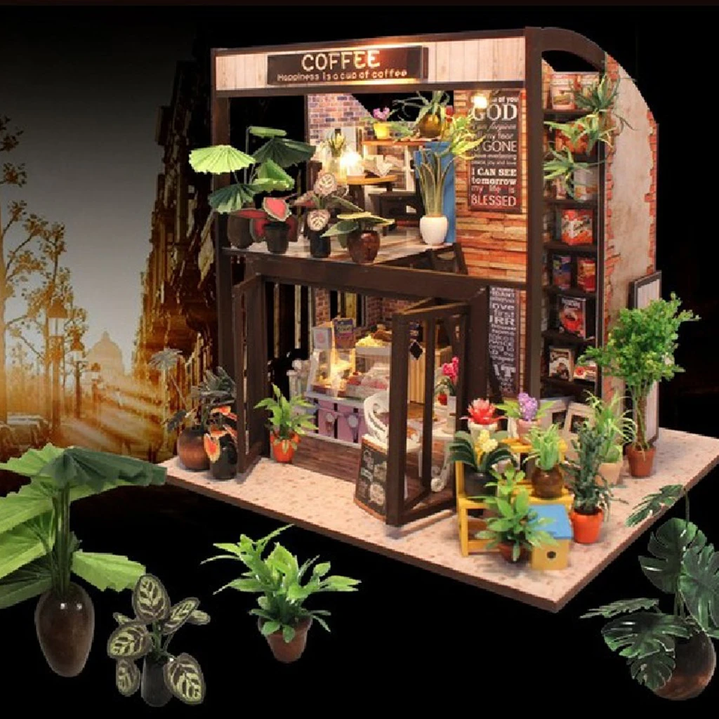 1/24 DIY Making Wooden Miniature Kit Doll House Kids Birthday Gift Coffee Shop House Model Handcrafts Miniature Project