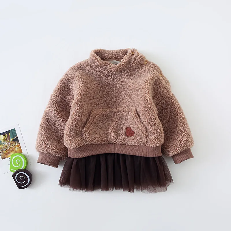 

2019 Autumn Winter Baby Girls Fashion Warm Fleece Tops Kids Patchwork Veil Hoodies