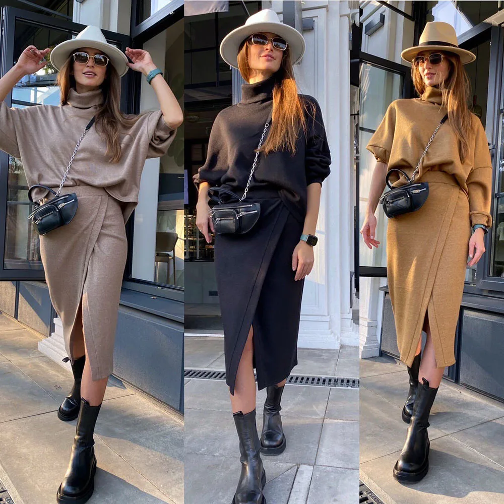 

2020 Spring/Autumn Fashion High-necked Long-sleeved Pullover Irregular Split and Calf Skirt OL Office Ladies Temperament Suit