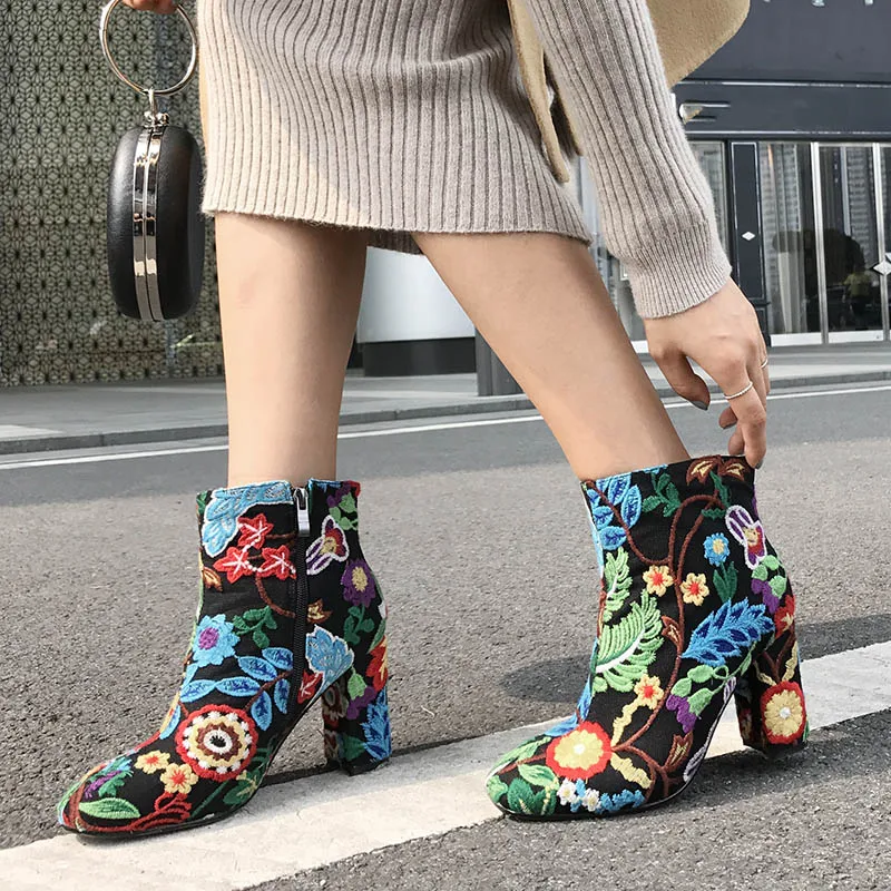 Phoentin flower enbroider ankle boots women's high-heeled shoes 2020 new arrival boots femmes shoe woman boot zip size 43 FT1083