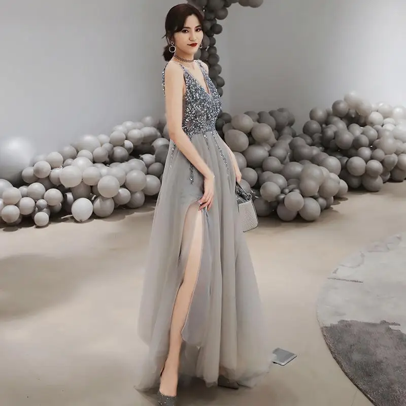 Высокое пролитое женское платье Qipao, сексуальное свадебное платье невесты с открытой спиной и глубоким v-образным вырезом, роскошное шикарное длинное платье размера плюс - Цвет: Gray