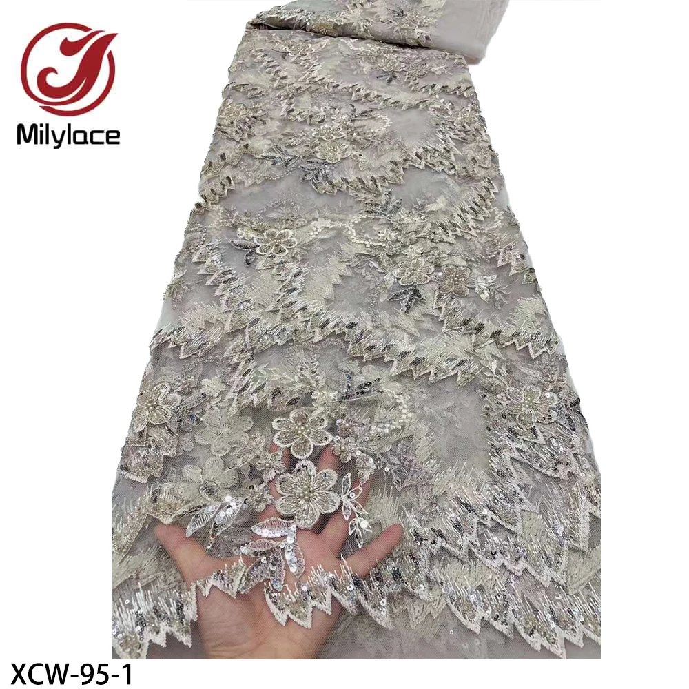 

Luxury Handmade Beaded Lace Fabric Nice Looking French Embroidery Net Lace with Sequins for Bridal Dress XCW-95