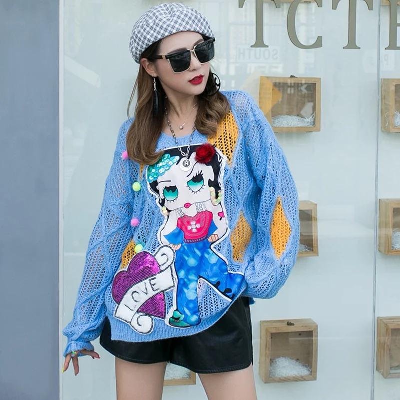 MexeMara fashion The New Loose Cartoon printing Sequins Colored balls knitting Sweater free Shipping | Женская одежда