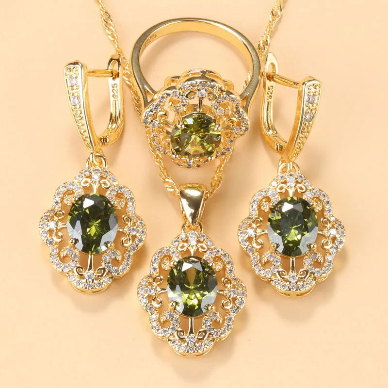Bridal Jewelry Sets Crystal Jewelry Sets 10-Colors Cubic Zirconia Women Accessories 18K Gold Plated Olive Green Zirconia Charm Bracelet And Ring Jewelry Sets