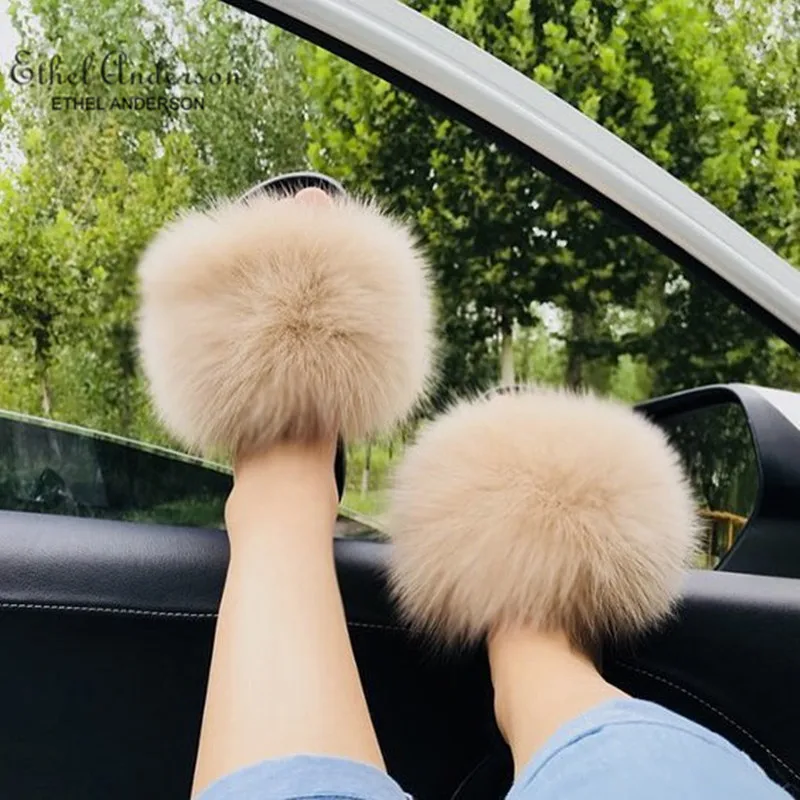 

ETHEL ANDERSON Hot Star Real Fox Raccoon Fur Slippers 2021 Newest Booming Fashion Style Slides Women Flip Flop Casual Fluffy Fur