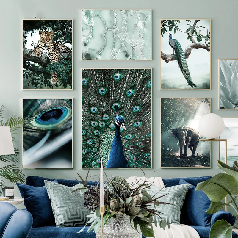 

Wall Art Prints Nordic Peacock Elephant Animals Pictures for Home Design Modern Home Room Decor Canvas Poster Frameless