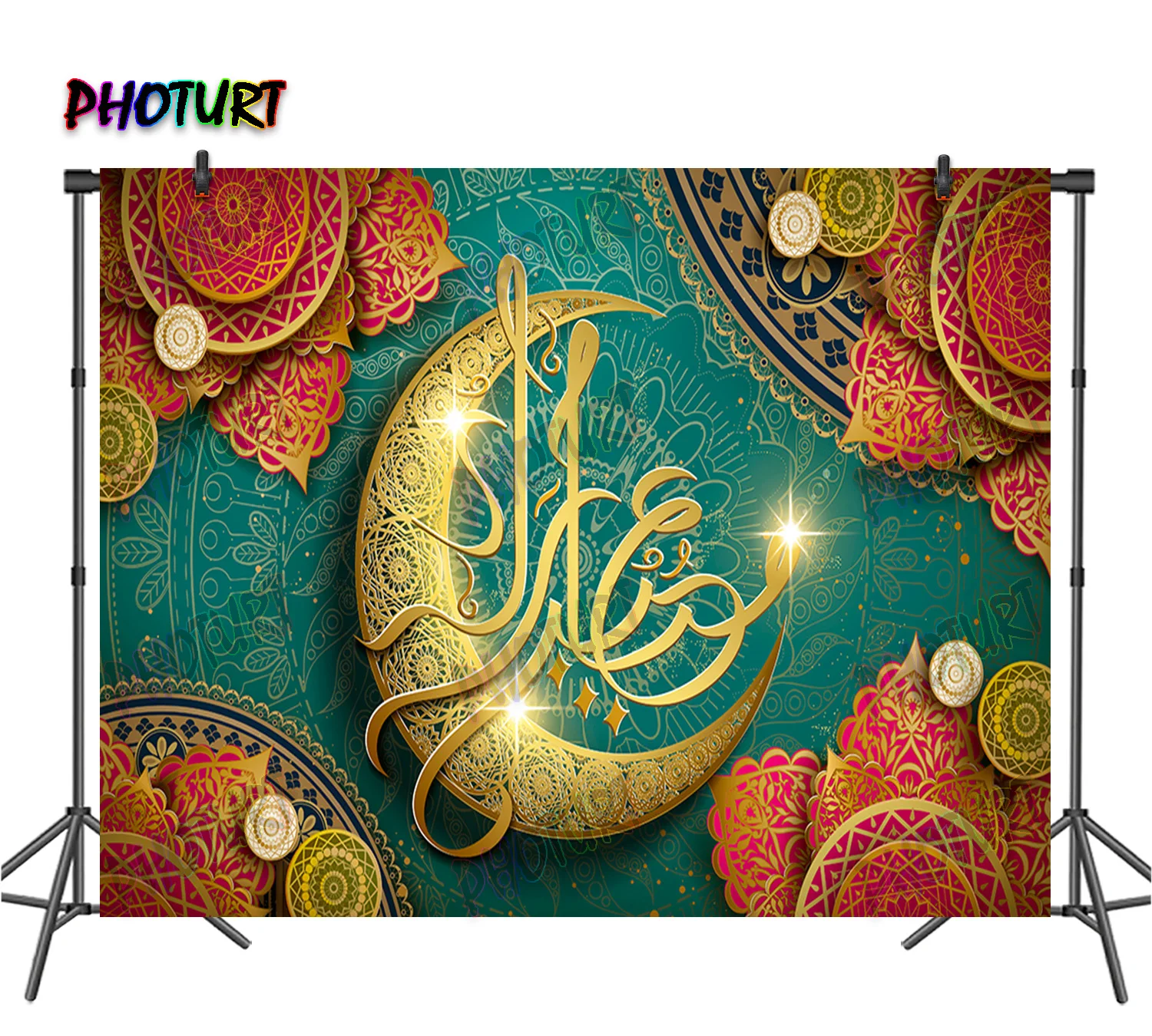 

PHOTURT Ramadan Kareem Backdrop Islam Festival Banner Religious Totem Golden Moon Background Polyester Vinyl Decorate Props