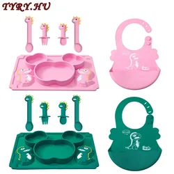 TYRY.HU 6Pcs/Set Cartoon Dinosaur Feeding Set Baby Waterproof Bibs Non-Slip Feeding Bowl Spoon Fork Tableware Set BPA Free